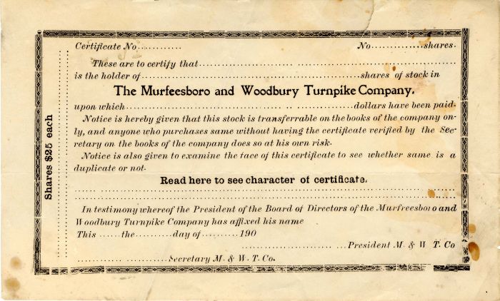 Murfeesboro and Woodbury Turnpike Co. - Stock Certificate