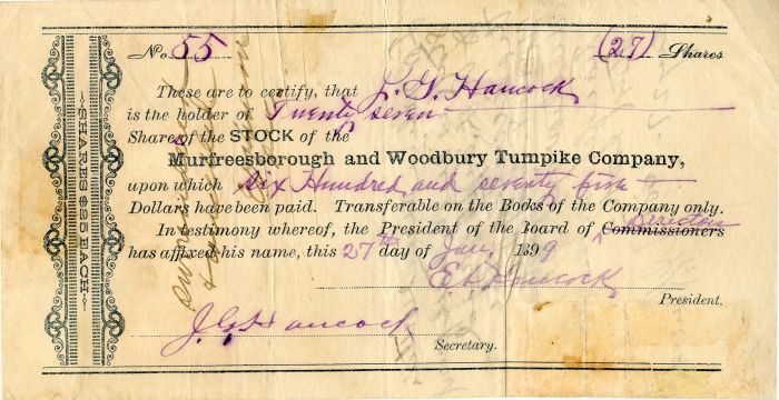 Murfreesborough and Woodbury Turnpike Co. - Stock Certificate