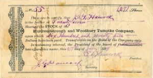 Murfreesborough and Woodbury Turnpike Co. - 1899 dated Stock Certificate