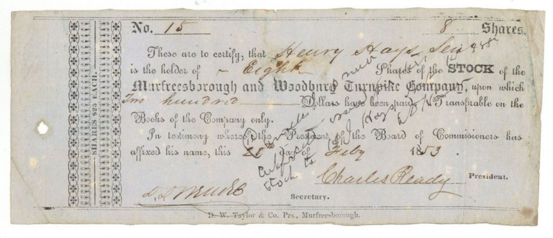 Murfreesborough and Woodbury Turnpike Co. - Stock Certificate