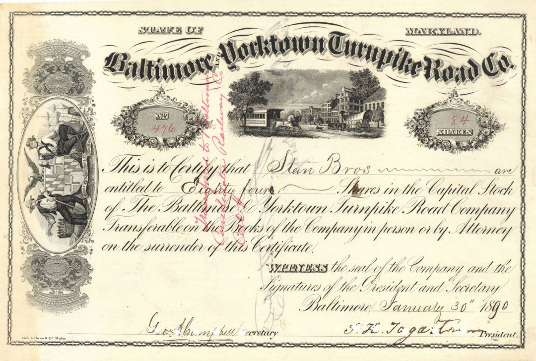 Baltimore and Yorktown Turnpike Road Co. - Stock Certificate