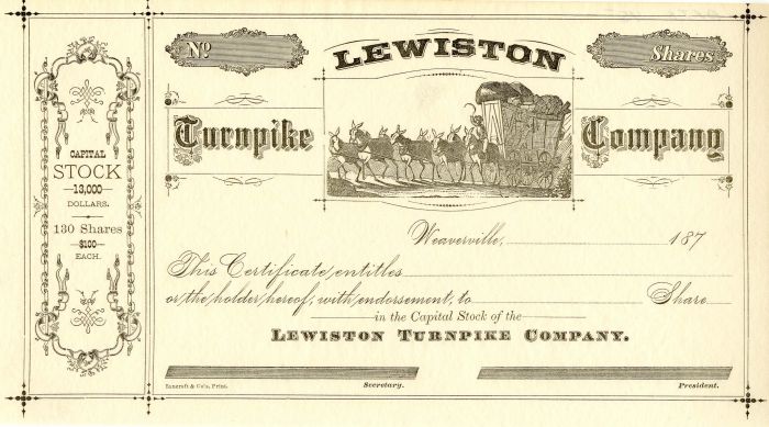 Lewiston Turnpike Co. - Unissued Stock Certificate
