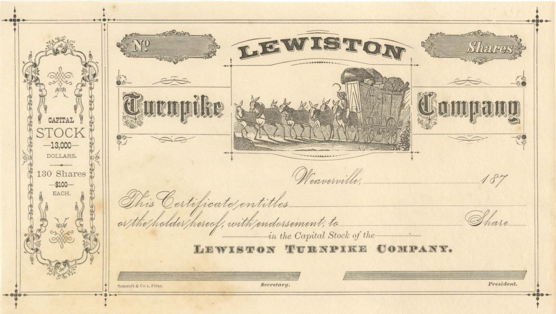 Lewiston Turnpike Co. - Unissued Stock Certificate