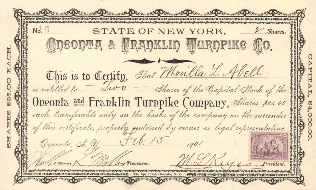Oneonta and Franklin Turnpike Co. - Stock Certificate