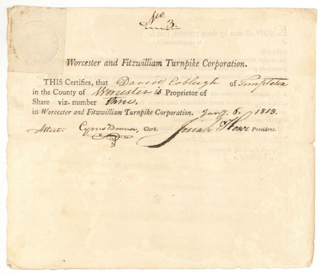 Worcester and Fitzwilliam Turnpike Corporation - Stock Certificate