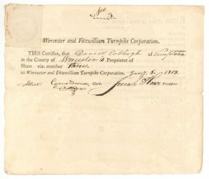 Worcester and Fitzwilliam Turnpike Corporation - Stock Certificate