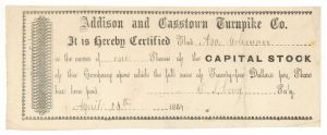 Addison and Casstown Turnpike Co. - Stock Certificate