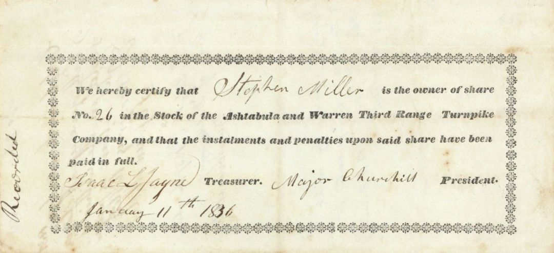 Ashtabula and Warren Third Range Turnpike Co. - Stock Certificate