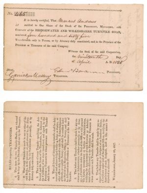 Bridgewater and Wilkesbarre Turnpike Road - 1820 dated Pennsylvania Turnpike Stock Certificate