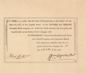 Butler and Mercer Turnpike Road Co. - Stock Certificate