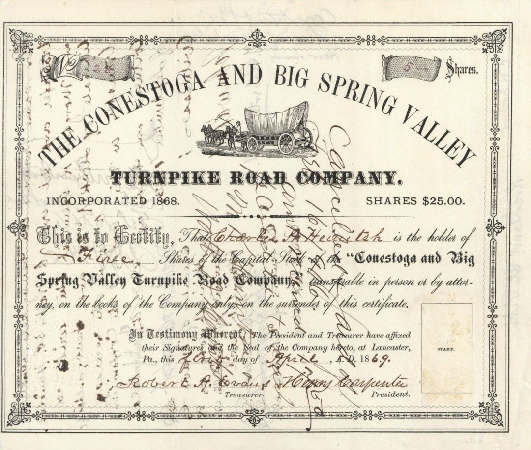 Conestoga and Big Spring Valley Turnpike Road Co. - Stock Certificate