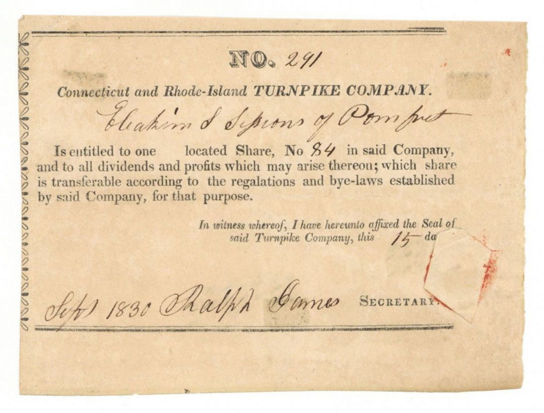 Connecticut and Rhode-Island Turnpike Co. - Stock Certificate