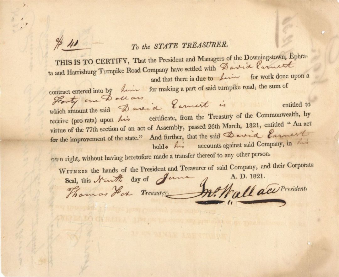 Downingstown, Ephrata and Harrisburg Turnpike Road Co. - Stock Certificate