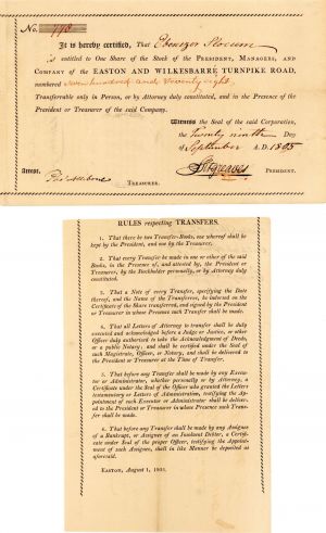 Easton and Wilkesbarre Turnpike Road - Stock Certificate