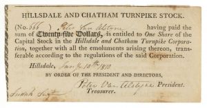 Hillsdale and Chatham Turnpike Corp. - Stock Certificate