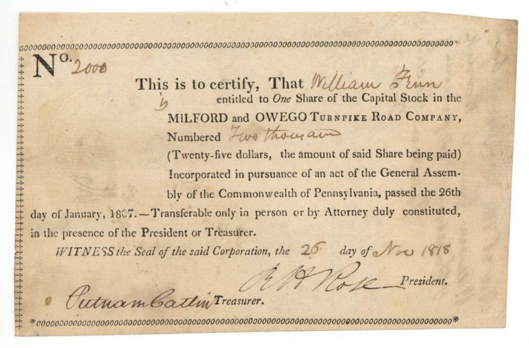 Milford and Owego Turnpike Road Co. - Stock Certificate