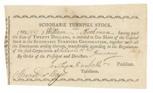 Schoharie Turnpike Corp. - 1807 dated Stock Certificate
