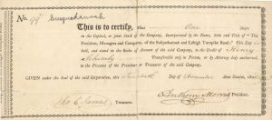 Susquehannah and Lehigh Turnpike Road - Stock Certificate