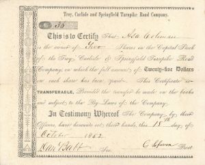 Troy, Carlisle and Springfield Turnpike Road Co. - Stock Certificate