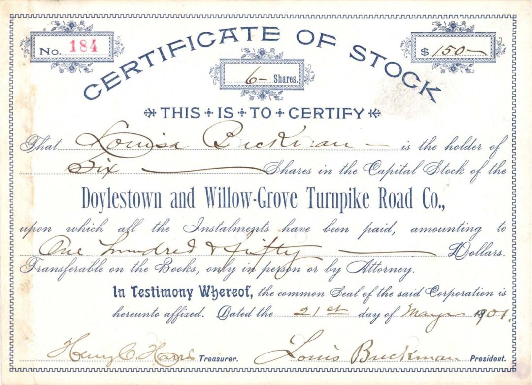 Doylestown and Willow-Grove Turnpike Road Co.  - 1901 dated Stock Certificate