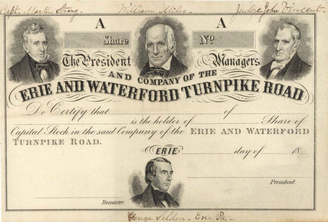 Erie and Waterford Turnpike Road -  Unissued Stock Certificate