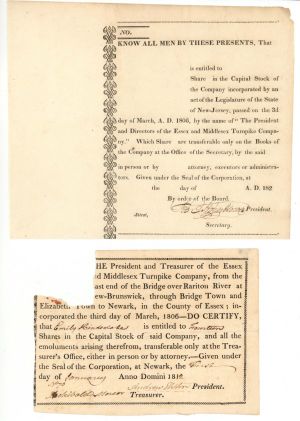 Essex and Middlesex Turnpike Co. - Unissued and 1812 dated Stock Certificates