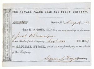 Newark Plank Road and Ferry Co. - 1855 dated Stock Certificates
