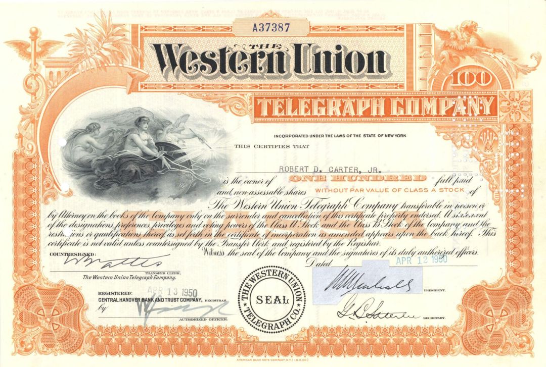 Western Union Telegraph Co. - 1944-65 dated Stock Certificate - Famous Money Sending Company
