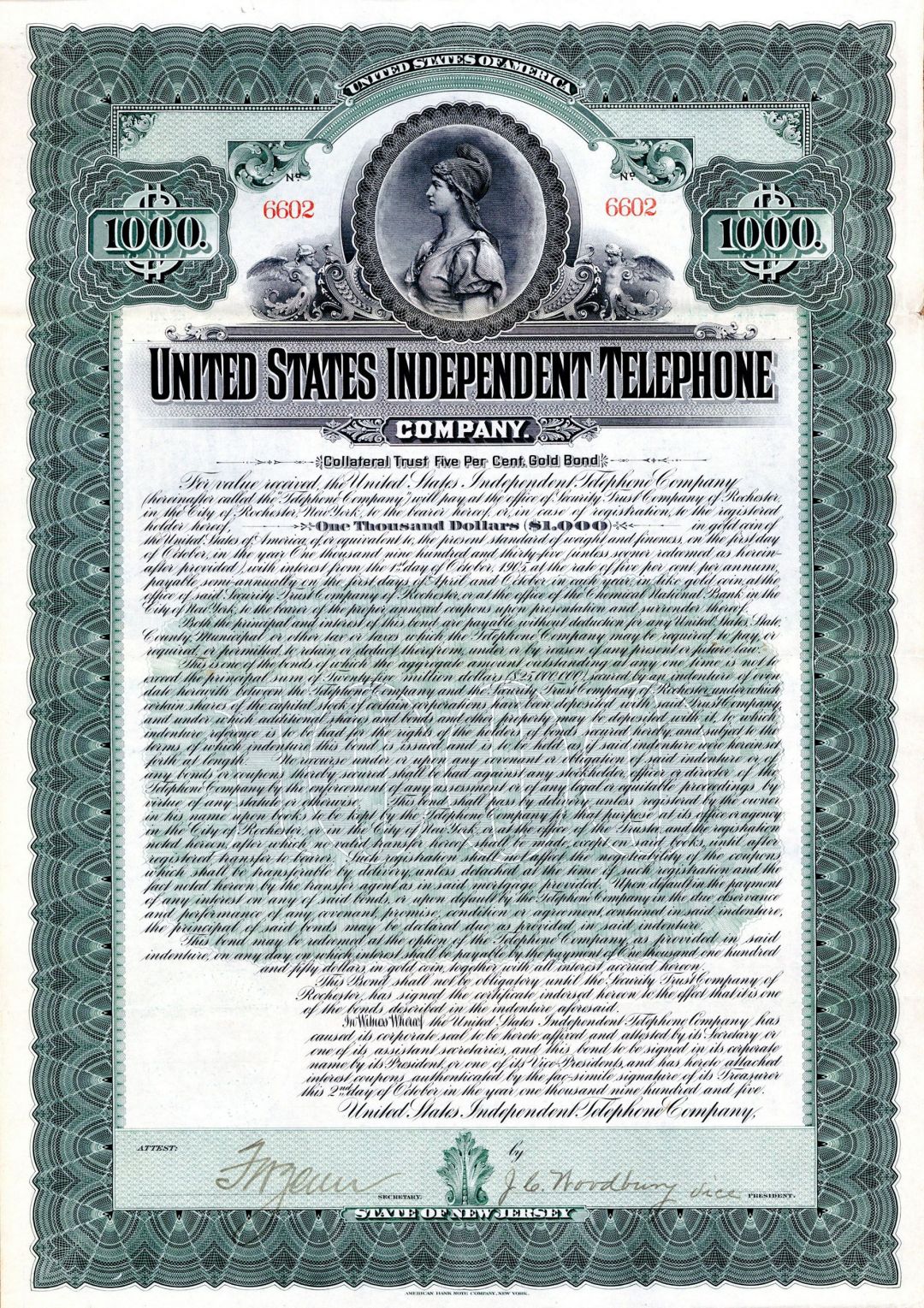 United States Independent Telephone Co. (Uncanceled) - $1,000 Bond