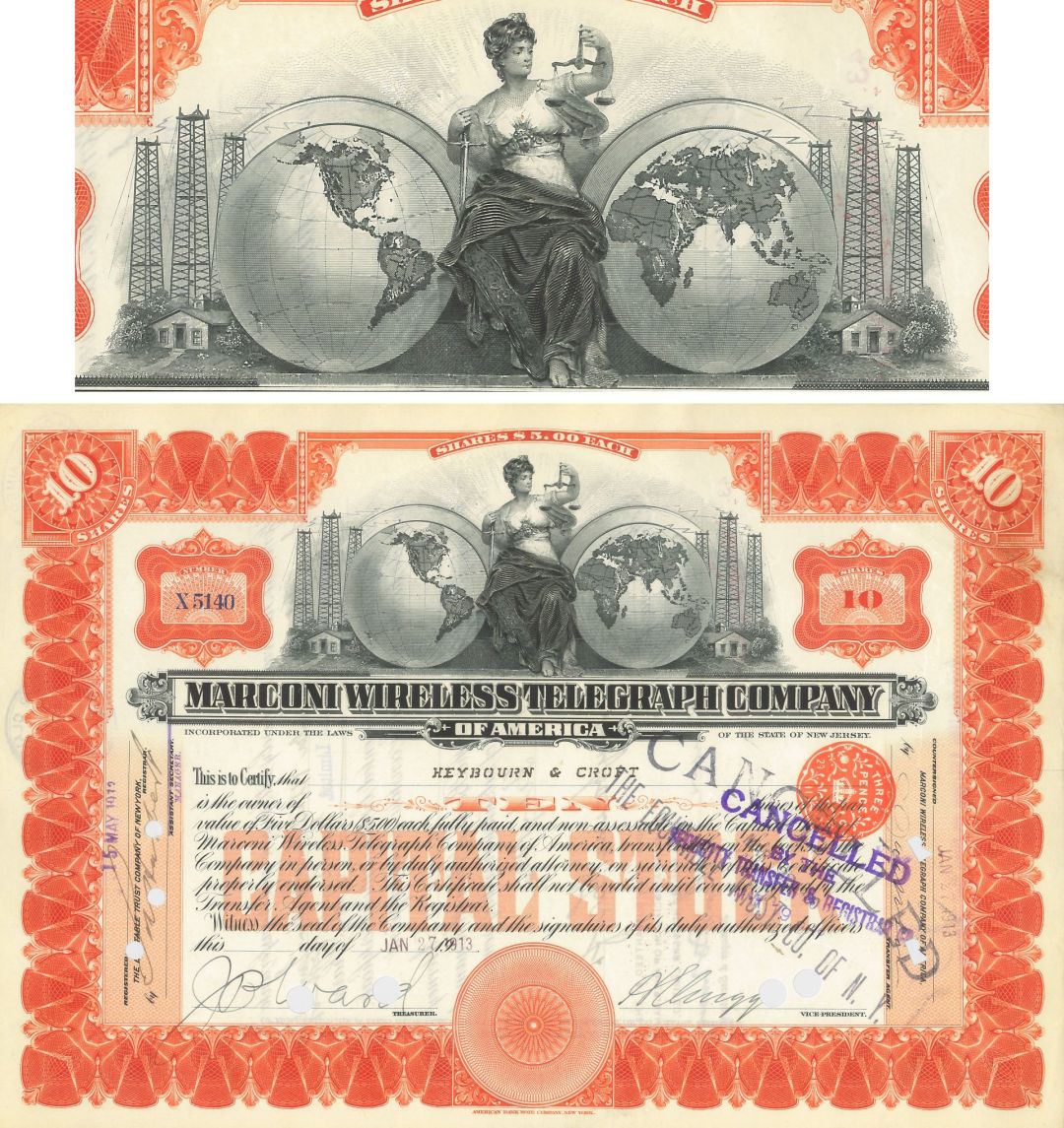 Marconi Wireless Telegraph Co. of America - Marconi Co. Was On The Titanic - 1913 dated Telegraph Stock Certificate