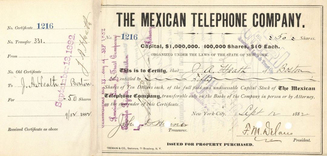 Mexican Telephone Co. - Stock Certificate