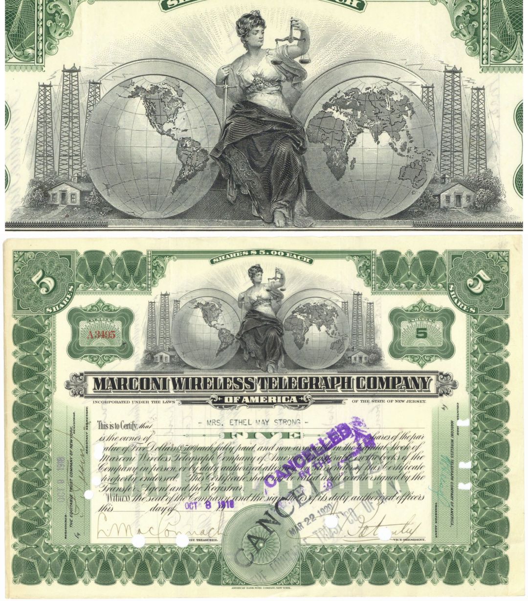 Marconi Wireless Telegraph Co. of America - Green Type - Marconi Co. Was On The Titanic - 1916-18 dated Telegraph Stock Certificate