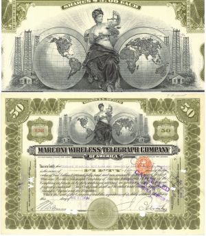 Marconi Wireless Telegraph Co. of America - Olive Type - Marconi Co. Was On The Titanic - 1914 dated Telegraph Stock Certificate