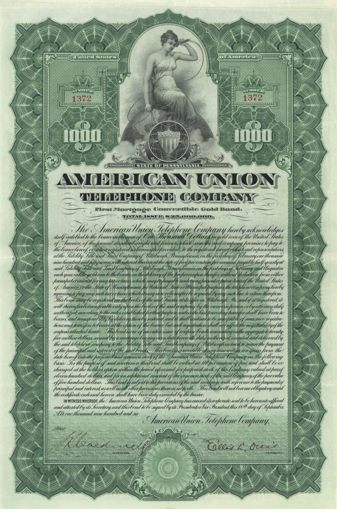 American Union Telephone Co. - 1906 dated $1,000 Uncanceled Gold Bond - Rare Topic for a Gold Bond