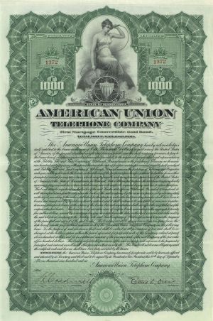 American Union Telephone Co. - 1906 dated $1,000 Uncanceled Gold Bond - Rare Topic for a Gold Bond