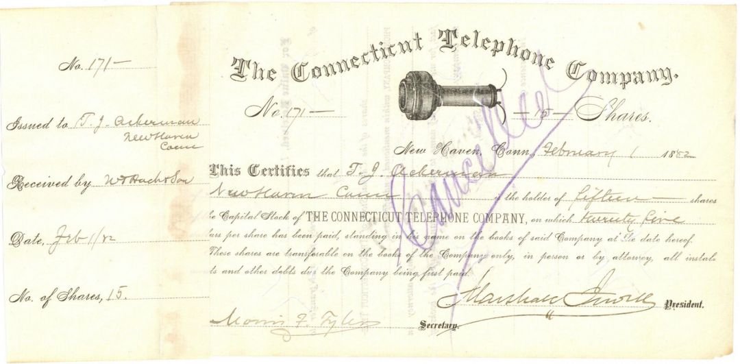 Connecticut Telephone Co. - Signed by Marshall Jewell Autograph Stock Certificate dated 1882