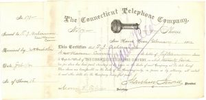 Connecticut Telephone Co. - Signed by Marshall Jewell Autograph Stock Certificate dated 1882