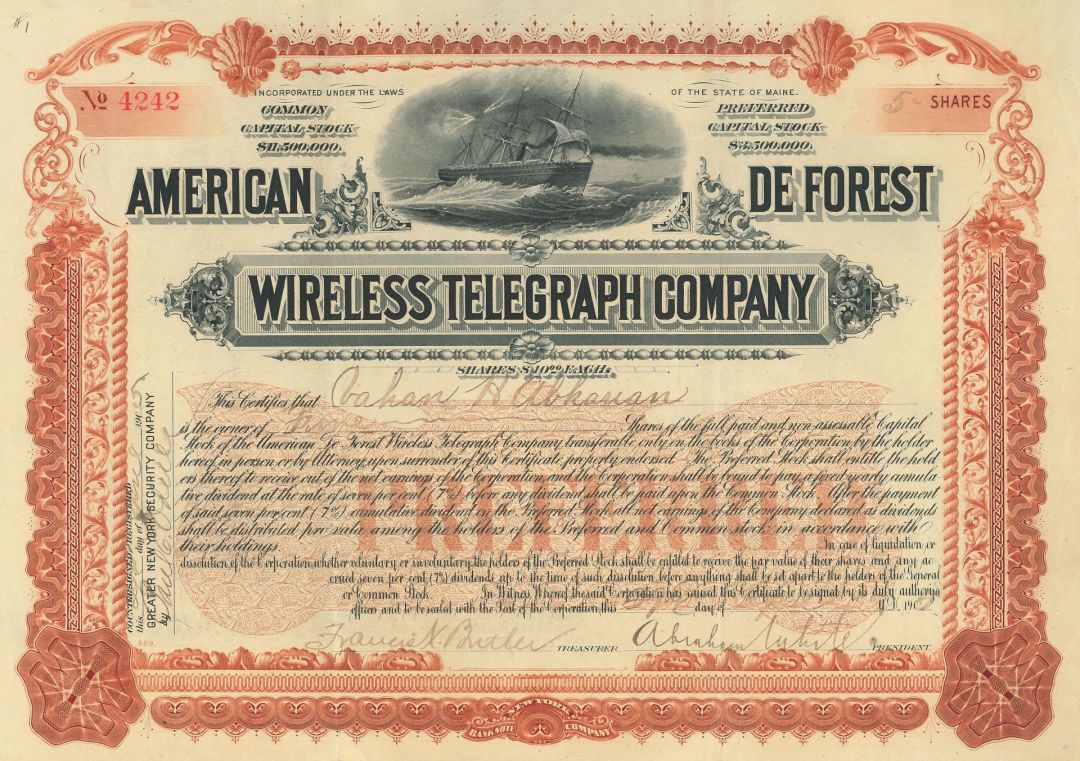 American DeForest Wireless Telegraph Co. - Stock Certificate