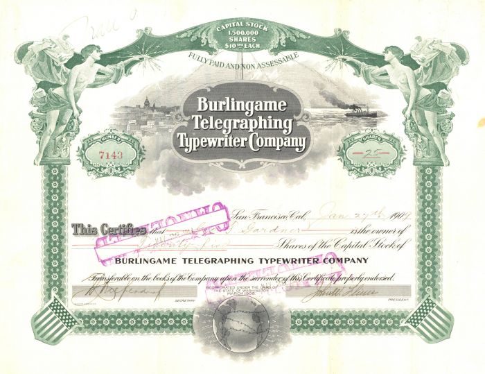 Burlingame Telegraphing Typewriter Co. - Stock Certificate