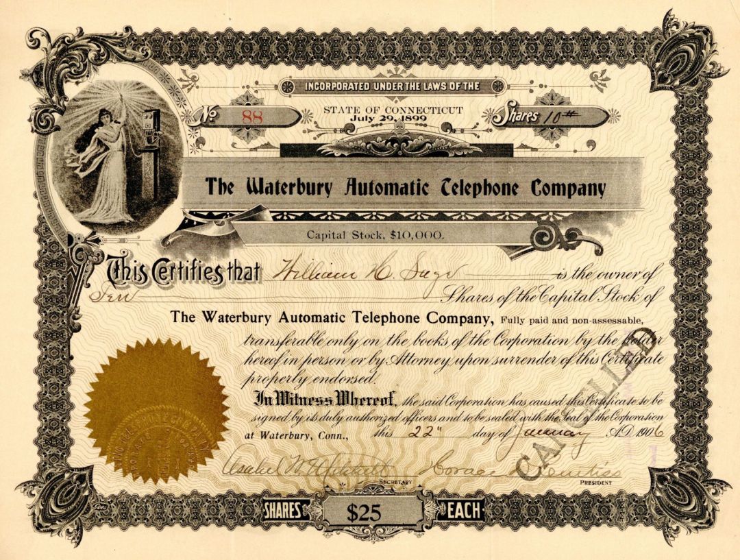 Waterbury Automatic Telephone Co. - 1904 or 1906 dated Stock Certificate