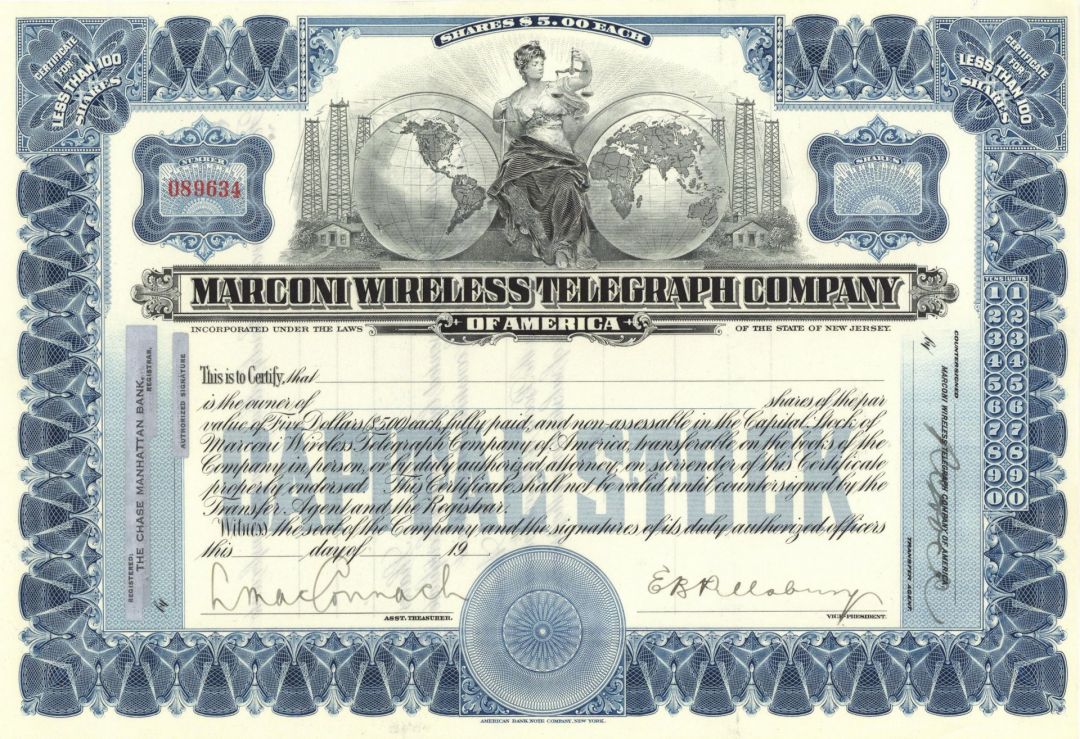 Marconi Was Aboard the Titanic - Marconi Wireless Telegraph - circa 1910's Gorgeous Partially Issued Stock Certificate