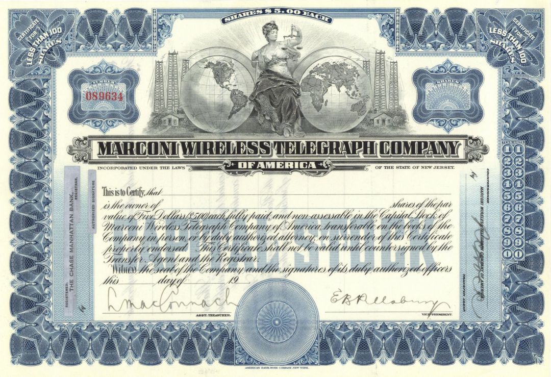 Marconi Wireless Telegraph - circa 1910's Gorgeous Partially Issued Stock Certificate - Marconi Was Aboard the Titanic