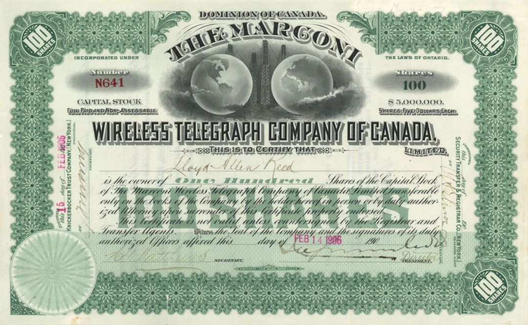 Marconi Wireless Telegraph Co. of Canada - Uncanceled 1906 dated Canadian Stock Certificate
