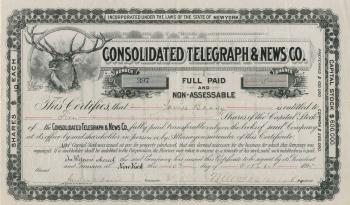 Consolidated Telegraph and News Co. - Stock Certificate