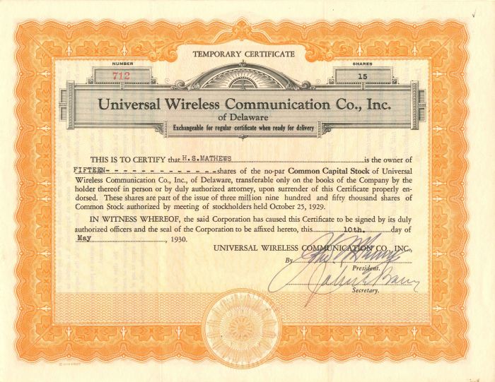 Universal Wireless Communication Co., Inc. - Stock Certificate