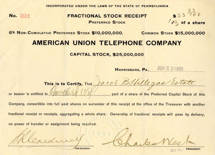 American Union Telephone Co. - Utilities Stock Certificate
