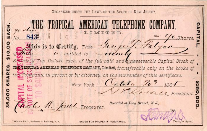 Tropical American Telephone Co., Limited - Stock Certificate
