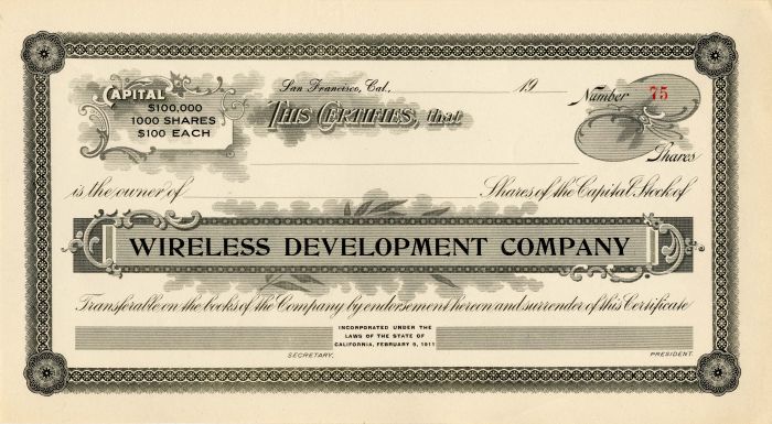 Wireless Development Co. - 1930's circa Stock Certificate - San Francisco, California