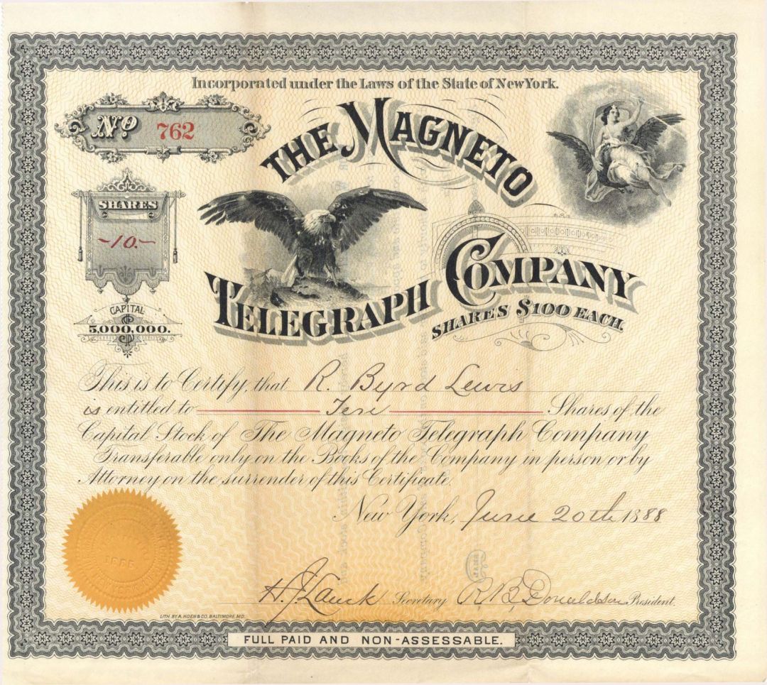 Magneto Telegraph Co. - 1888 or 1894 dated Stock Certificate