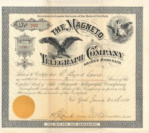 Magneto Telegraph Co. - 1888 or 1894 dated Stock Certificate